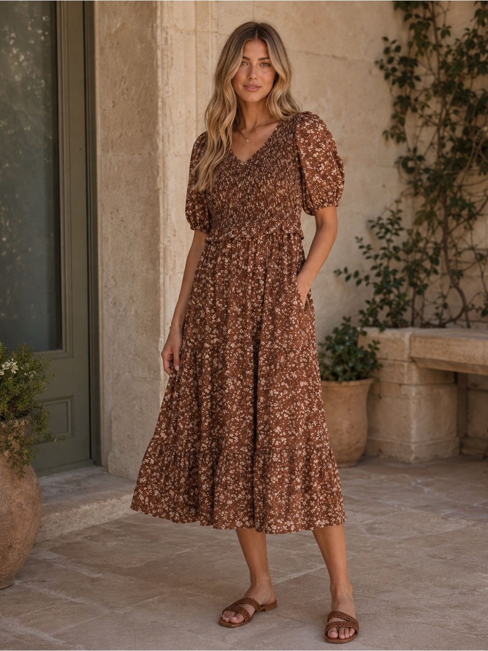 NWT Orange Creek Briarwood Brown Floral Smocked Midi Dress S